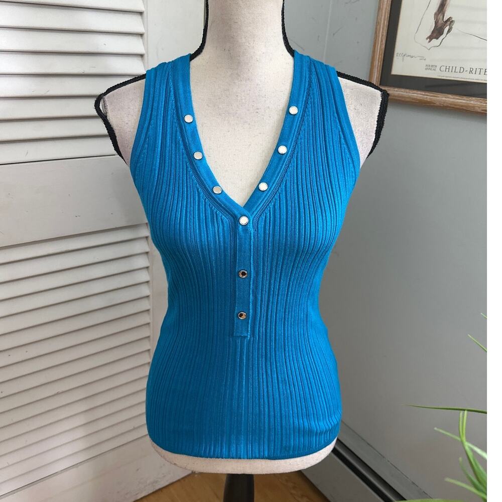 White House Black Market Top Womens Small Blue Fitted Ribbed Knit Retro Y2K